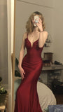 Burgundy Mermaid V-Neck Spaghetti Strap Satin Long Prom Dresses HZ1024