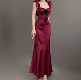 Burgundy Mermaid Spaghetti Strap Satin Ankle Length Ball Gowns HZ1024