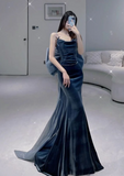 Blue Mermaid Spaghetti Strap Velvet Bow Floor Length Prom Dresses HZ1024