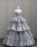 Gray A-Line Sheath Strapless Feather Layered Tulle Long Prom Dresses HZ1024