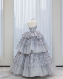 Gray A-Line Sheath Strapless Feather Layered Tulle Long Prom Dresses HZ1024