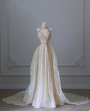 Champagne A-Line Neckline Strapless Sequined Tulle Long Prom Dresses HZ1024