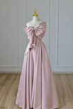 Pink A-Line One-Shoulder Satin Bow Long Prom Dresses HZ1024