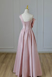 Pink A-Line One-Shoulder Satin Bow Long Prom Dresses HZ1024