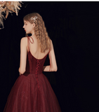 Burgundy A-Line Spaghetti Strap Tulle Long Prom Dresses HZ1024