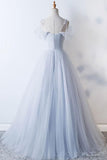 Pale Blue Strapless Spaghetti Strap A-Line Tulle Long Prom Dresses HZ1024