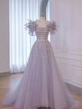 Purple A-line Short Sleeve Sequined Tulle Long Prom Dresses HZ1024