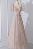 Sweet Pale Pink A-Line Short Sleeve Sparkling Tulle Long Prom Dresses HZ1024