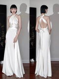 Vintage Ivory Halter Dress Design Simple A-Line Satin Long Evening Gown Prom Dress HZ1024