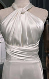 Vintage Ivory Halter Dress Design Simple A-Line Satin Long Evening Gown Prom Dress HZ1024