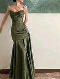 Chic Green Mermaid Spaghetti Strap Satin Long Prom Dresses HZ1024