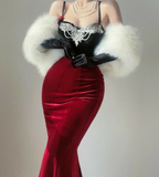 Sexy Burgundy Mermaid Spaghetti Strap Velvet Long Prom Dresses HZ1024