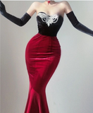 Sexy Burgundy Mermaid Spaghetti Strap Velvet Long Prom Dresses HZ1024