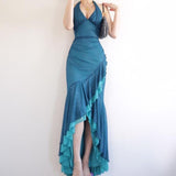 Blue High Low Ruffle Neckline Strapless Sparkling Evening Dresses HZ1024