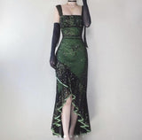 Green Spaghetti Strap Ruffle Vintage Long Prom Dresses HZ1024