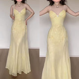 Pale Yellow Mermaid Spaghetti Strap Chiffon Beaded Long Prom Dresses HZ1024