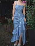 Sky Blue Halter Vintage Asymmetric Hem Long Prom Dresses HZ1024