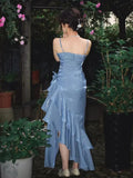 Sky Blue Halter Vintage Asymmetric Hem Long Prom Dresses HZ1024