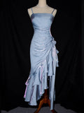 Sky Blue Halter Vintage Asymmetric Hem Long Prom Dresses HZ1024