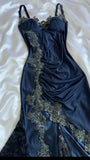Sexy Navy Blue Mermaid Lace Halter Dresses Party Dresses HZ1024