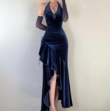 Dark Blue Neckless Mermaid High Low Velvet Long Prom Dress HZ1024