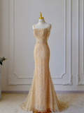 Champagne Mermaid Spaghetti Strap Sequined Lace Long Ball Gowns HZ1024