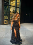 Sexy Black Mermaid Strapless Sequined High Split Long Floor Length Prom Dresses HZ1024
