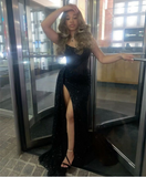 Sexy Black Mermaid Strapless Sequined High Split Long Floor Length Prom Dresses HZ1024