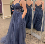 Blue V Neck A-line Applique Spaghetti Strap Long Prom Dresses HZ1024