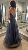 Blue V Neck A-line Applique Spaghetti Strap Long Prom Dresses HZ1024