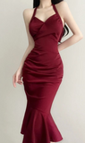 Burgundy Mermaid Neckline Sateen Irregular Hem Knee Length Gown HZ1024