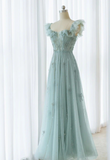 Green A-Line Straps Tulle Beaded Long Prom Dresses HZ1024