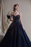 A-line Dark Blue Heart Shaped Neck Beaded Long Prom Dresses HZ1024