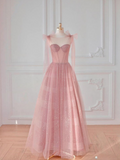 A-line Pink Round Neck Tulle Long Prom Dresses,Formal Evening Gowns HZ1024