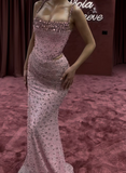Vintage Pink Sparkling Beaded Mermaid Spaghetti Strap High Split Sexy Long Prom Dress Evening Dress HZ1024