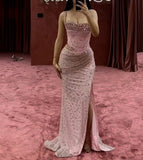 Vintage Pink Sparkling Beaded Mermaid Spaghetti Strap High Split Sexy Long Prom Dress Evening Dress HZ1024
