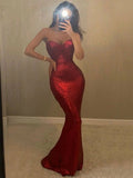 Red Sexy Mermaid Heart Neck Strapless Sequins Simple Long Prom Dresses HZ1024