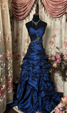 Navy A-Line Strapless Heart Shaped Neck Vintage Floor Length Prom Dresses HZ1024