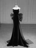 Black Mermaid Velvet Bow Sequin Long Ball Gowns HZ1024