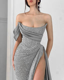 Gray Mermaid Sequined High Split Long Prom Dresses HZ1024
