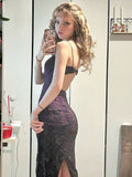 Purple Mermaid Sequined High Split Spaghetti Strap Long Prom Dresses HZ1024