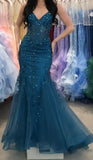 Sequined Blue Mermaid Spaghetti Strap Tulle Long Prom Dresses HZ1024