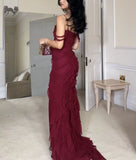 Burgundy Strapless Straps Multi Layered Ruffle Split Long Dress HZ1024