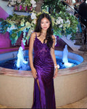 Purple Lace Sexy High Split Spaghetti Strap Satin Long Prom Dresses HZ1024