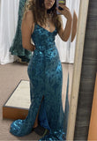 Blue V Neck Spaghetti Straps Neckline Split Mermaid Long Prom Dresses HZ1024