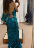 Blue V Neck Spaghetti Straps Neckline Split Mermaid Long Prom Dresses HZ1024