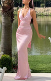 Elegant Pink Mermaid Neckline Backless Long Prom Dresses HZ1024