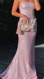 Mermaid Pink Sparkling Long Evening Gown Strapless Backless HZ1024