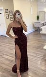 Burgundy Mermaid Sequined High Split Long Prom Dresses HZ1024