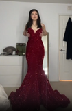 Sexy Mermaid Red Sheath Strapless Sequined Floor Length Prom Dresses HZ1024